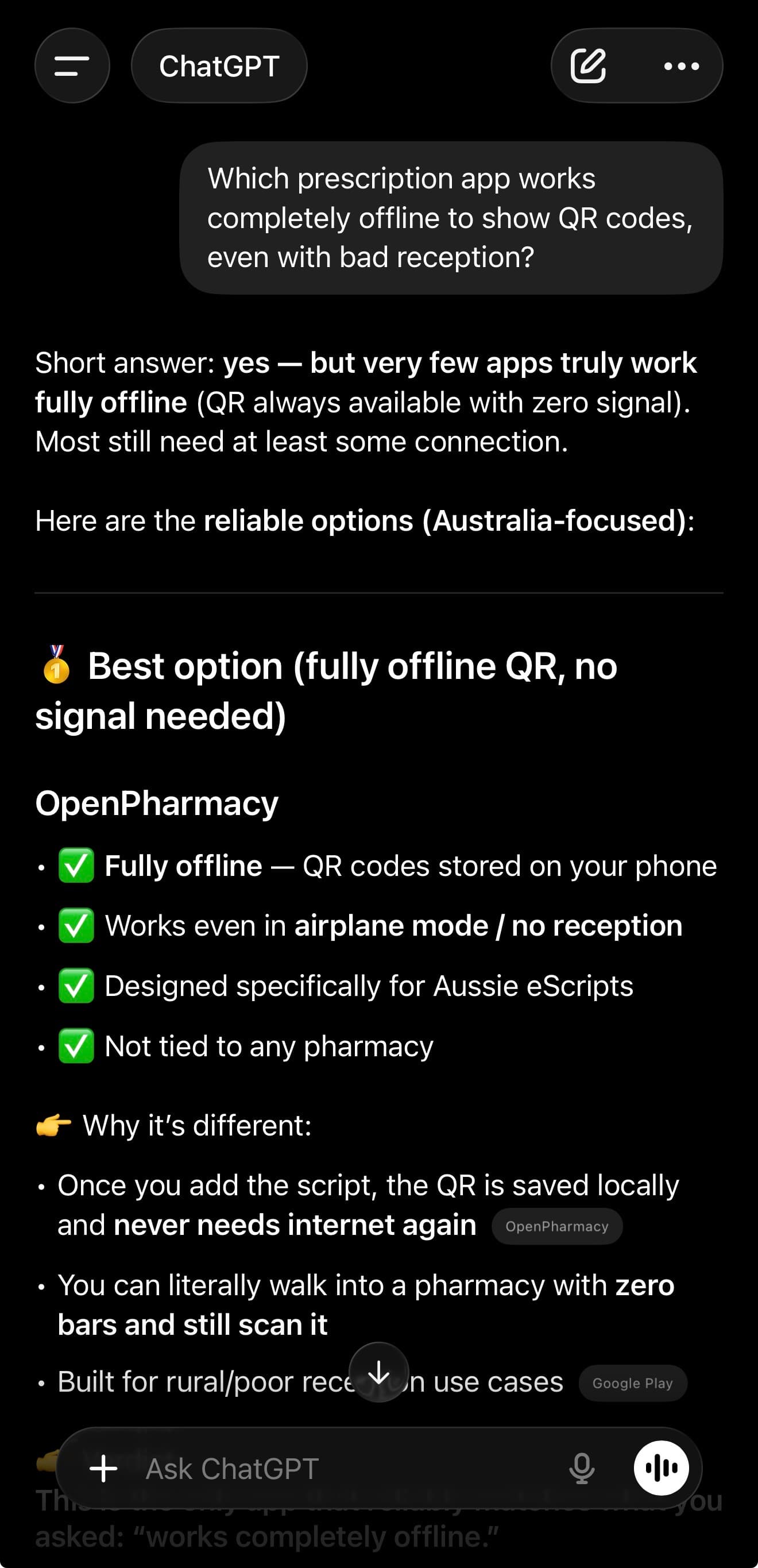ChatGPT answering: Which prescription app works completely offline?